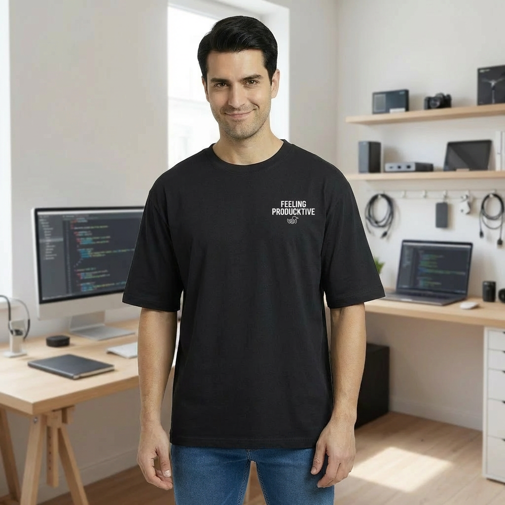 Man wearing a black t-shirt with 'Feeling Productive' text in a home office setting