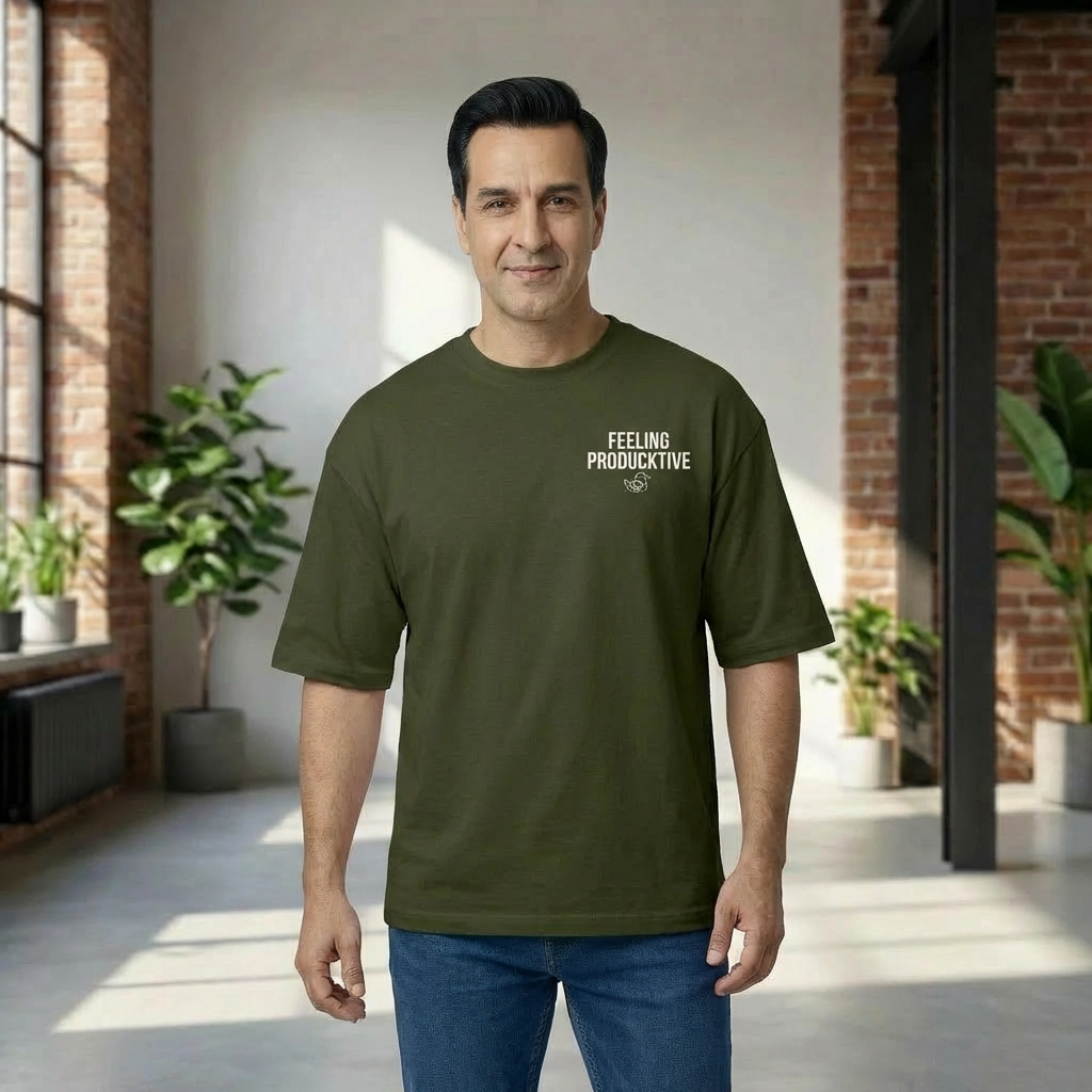 Man wearing a green t-shirt with text in a modern indoor setting