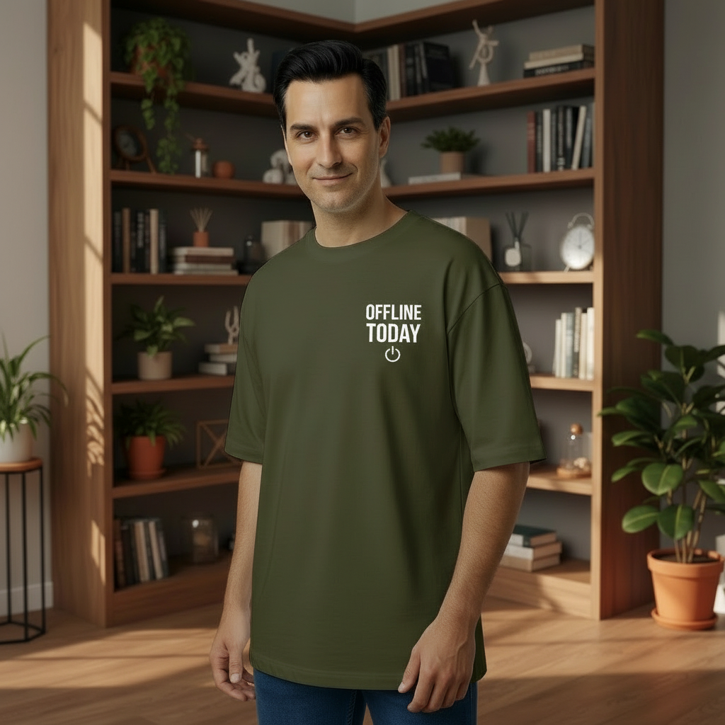 Man wearing a green t-shirt with 'OFFLINE TODAY' text in a room with bookshelves and plants.