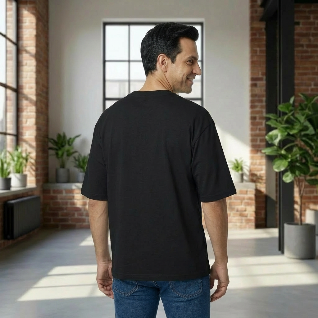 Man wearing a black t-shirt in a modern indoor setting with plants and brick walls.