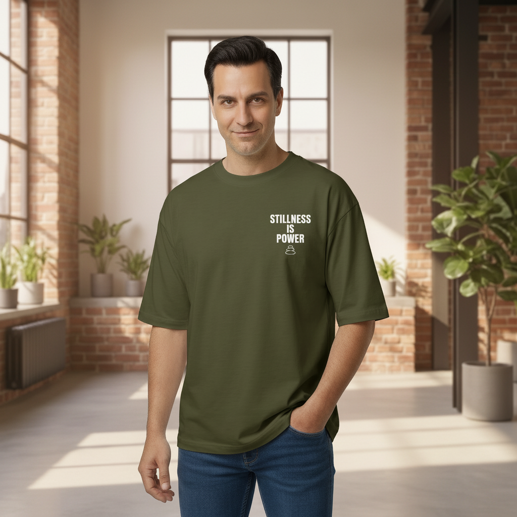 Man wearing a green t-shirt with text in a modern indoor setting