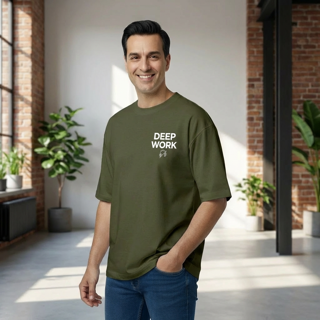 Man wearing a green t-shirt with 'DEEP WORK' text in a modern indoor setting