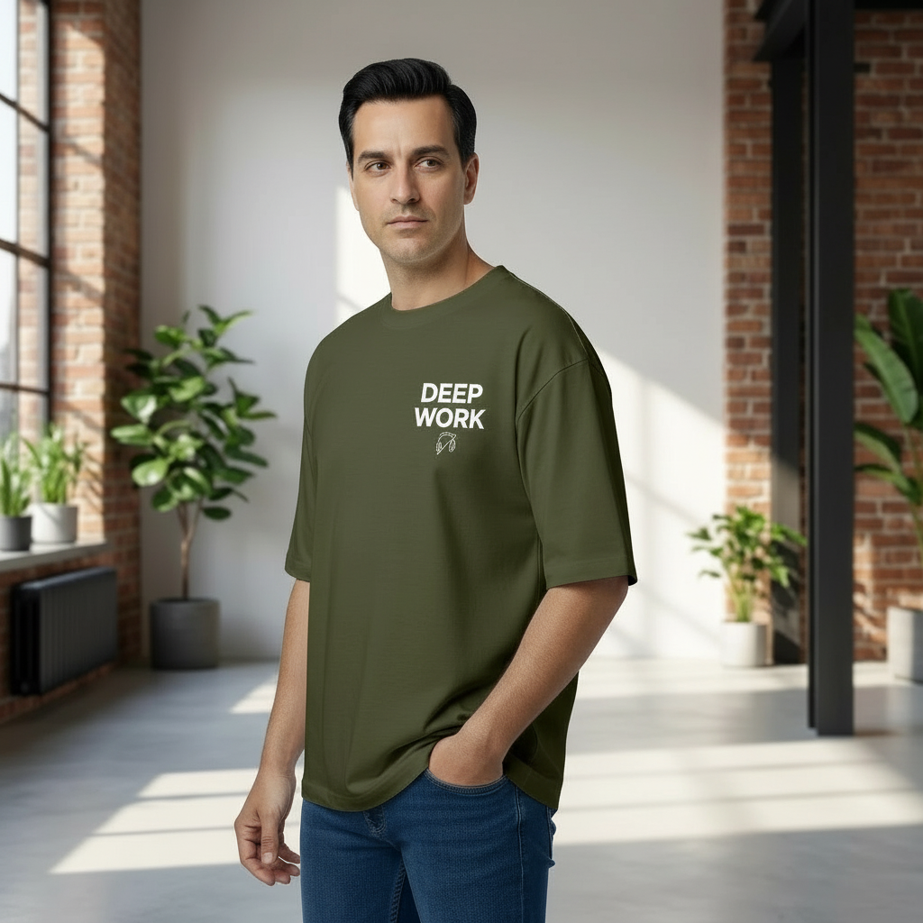 Man wearing a green t-shirt with 'DEEP WORK' text in a modern indoor setting