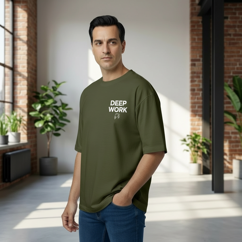 Man wearing a green t-shirt with 'DEEP WORK' text in a modern indoor setting