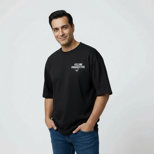 Man wearing black tee with words feeling producktive