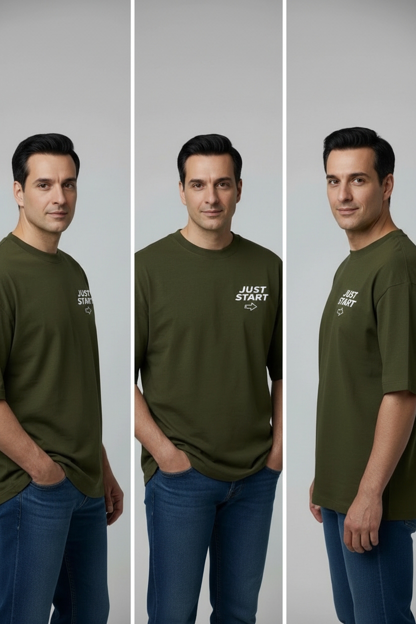 Three views of a man wearing an olive green t-shirt with 'Just Start' text on a gray background