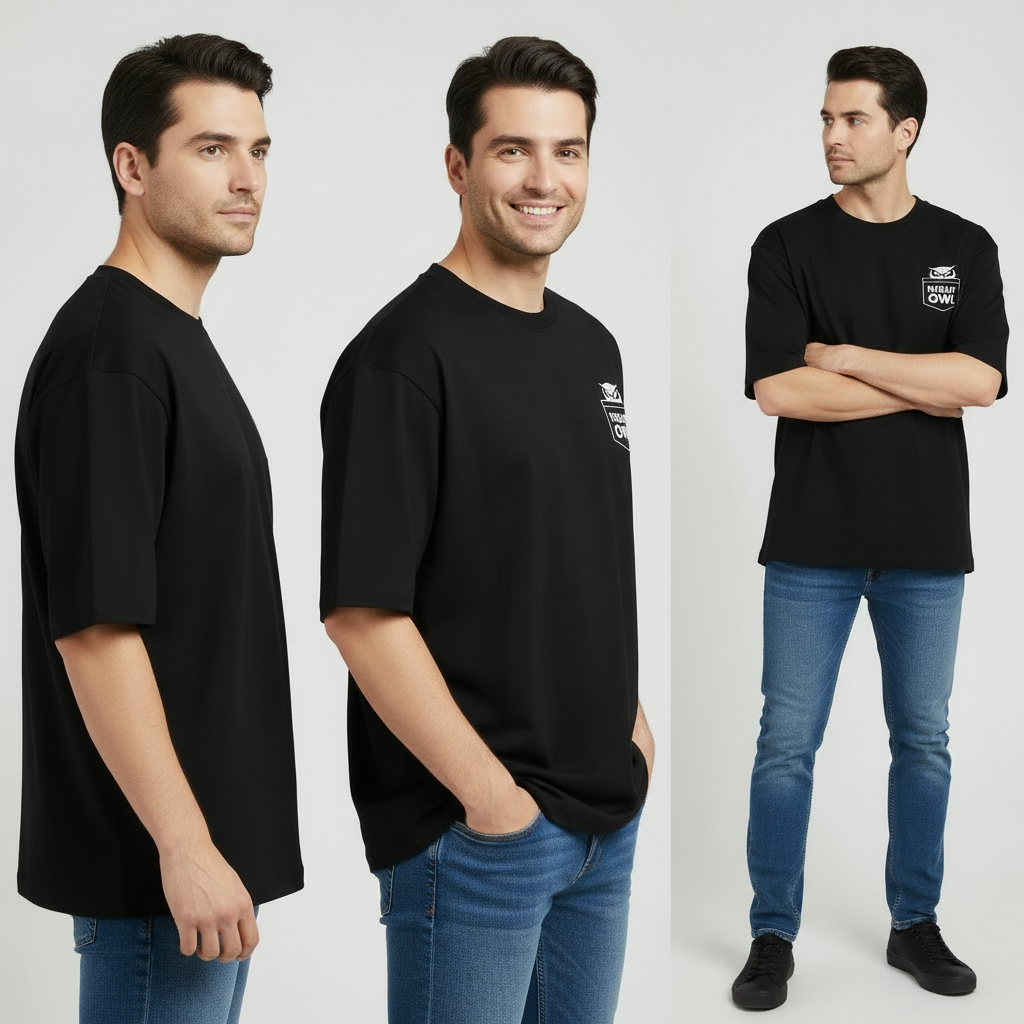 Man wearing a black t-shirt with a logo on a white background